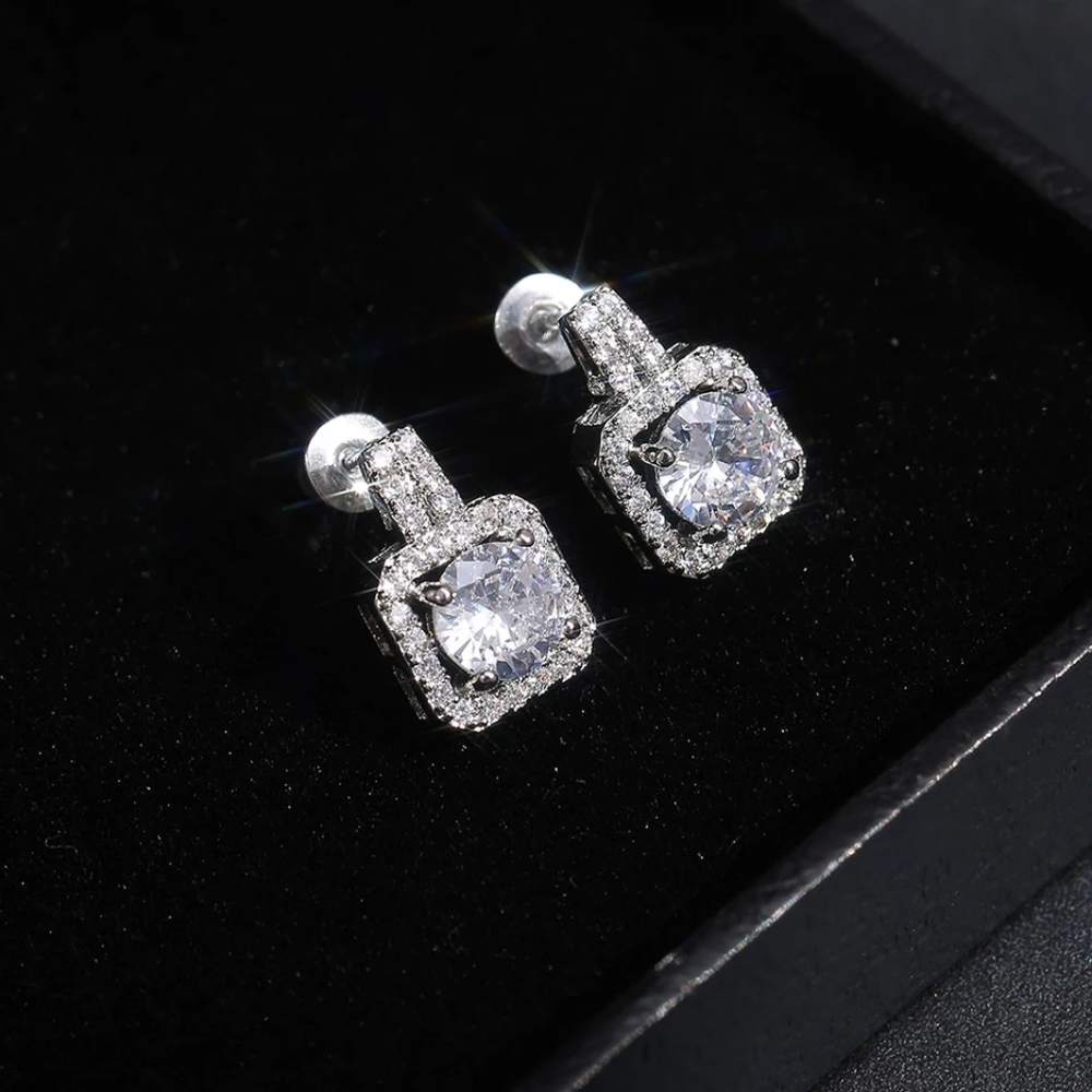 Square Shape Women Diamond silver Stud Earring - Picture 5 of 6